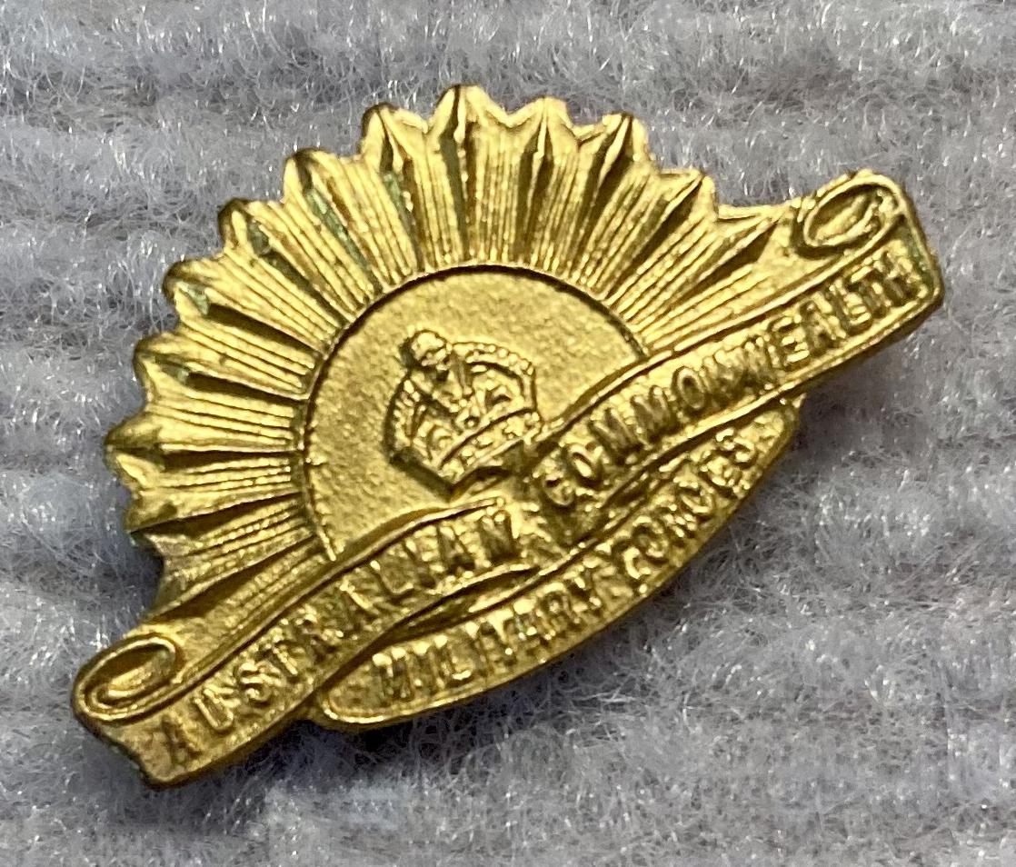 Angled view of miniature Rising Sun badge gold tone metal brooch - 2