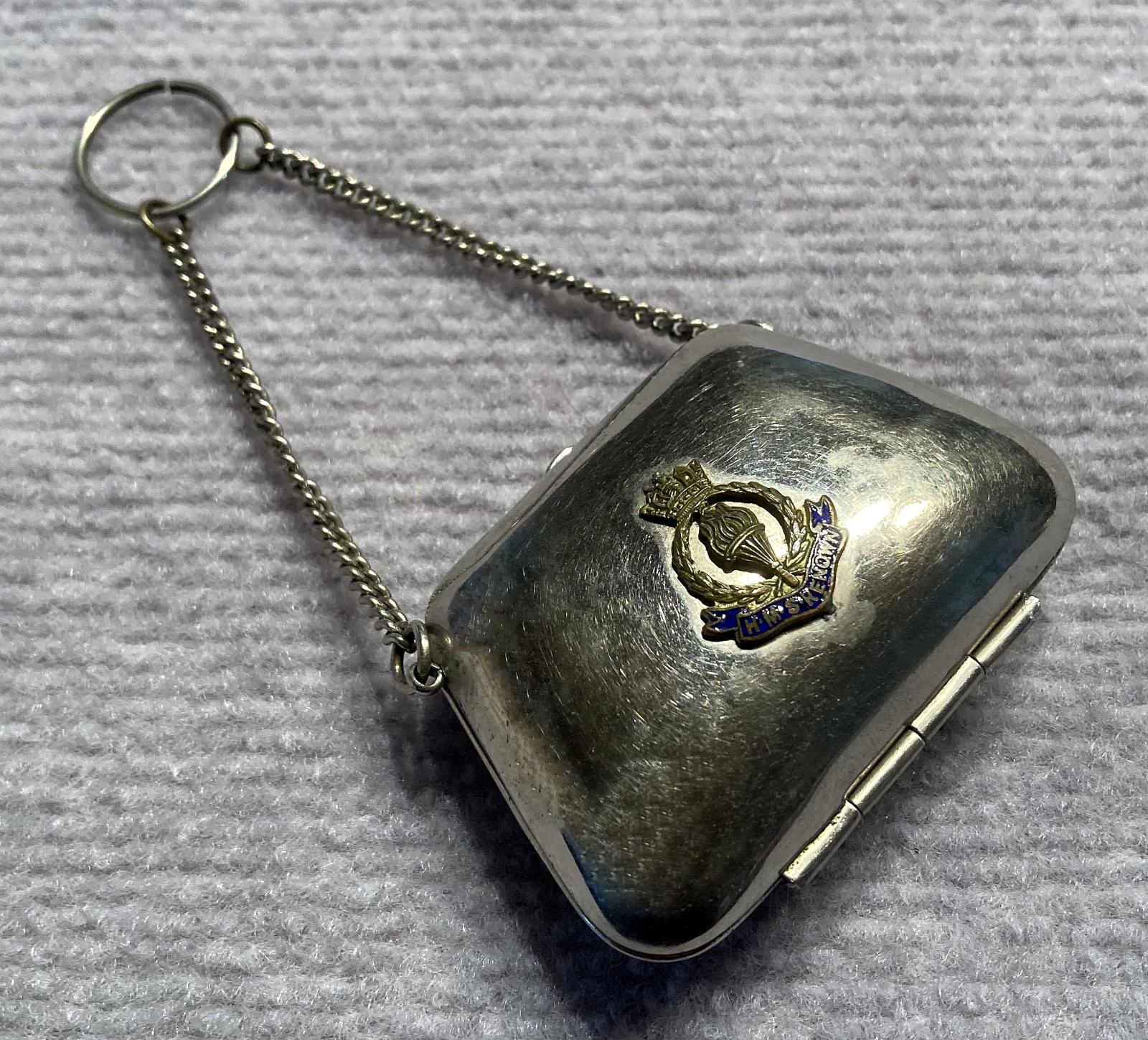 Angled view of souvenir metal ladies dance purse or chatelaine 
