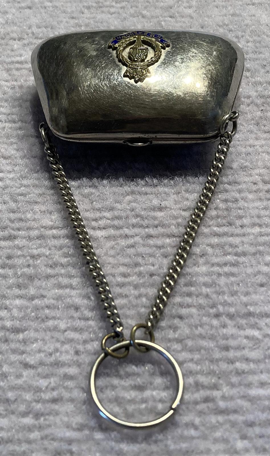 View from top of souvenir metal ladies dance purse or chatelaine 