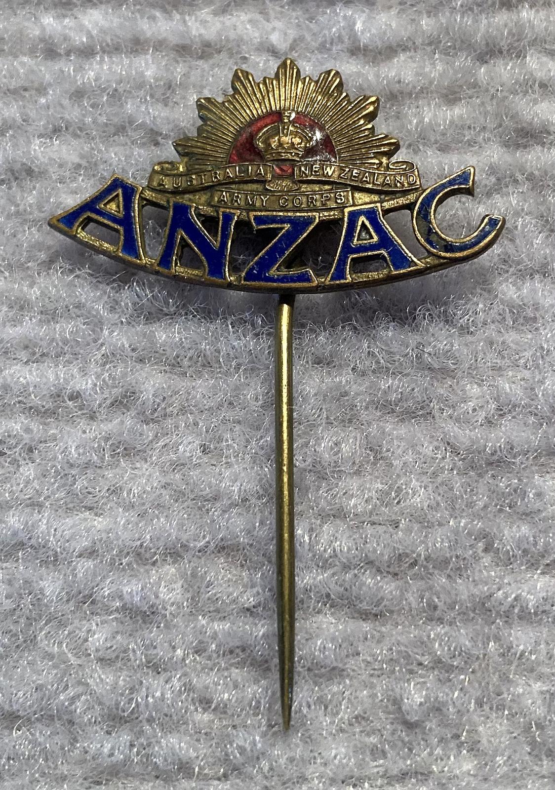 WWI era brass and enamel ANZAC sweetheart stick pin