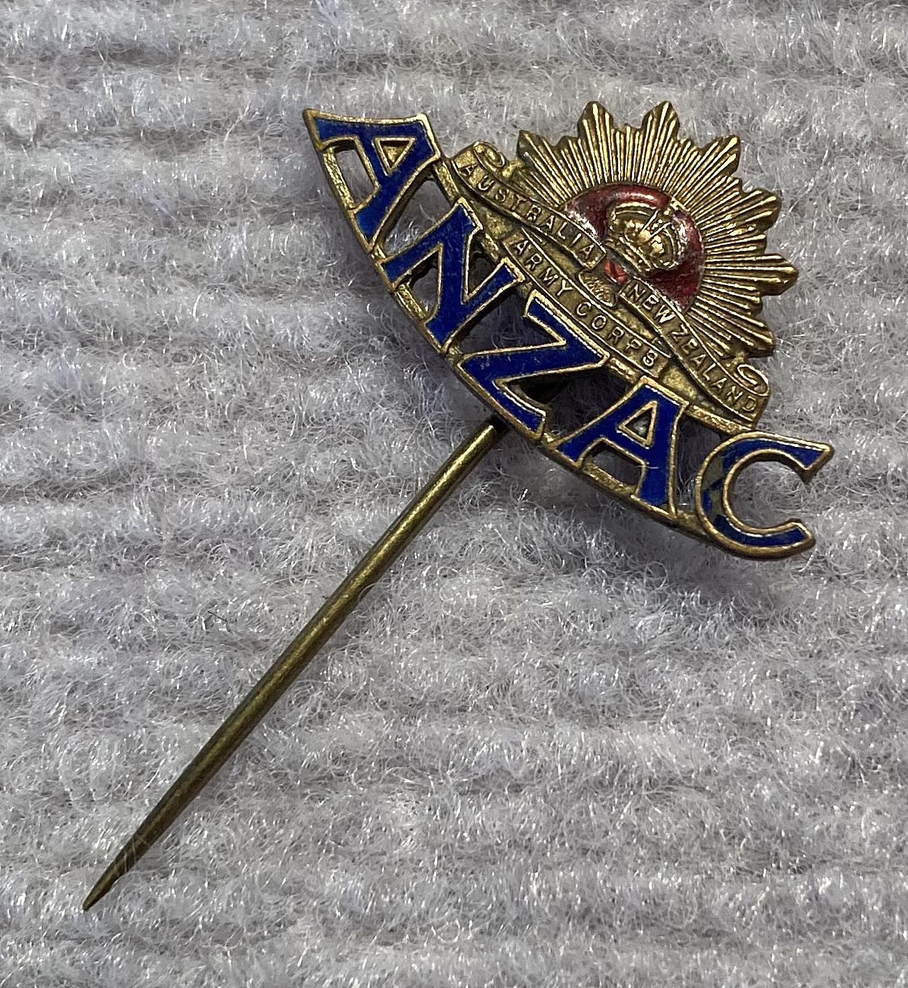 Other angled view of WWI era brass and enamel ANZAC sweetheart stick pin