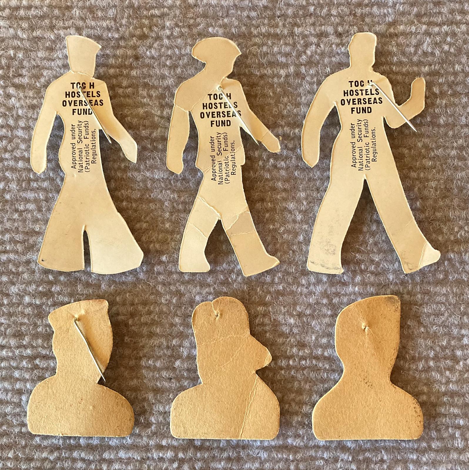 Reverse of group of Toc H Hostels paper fundraising pins - all services