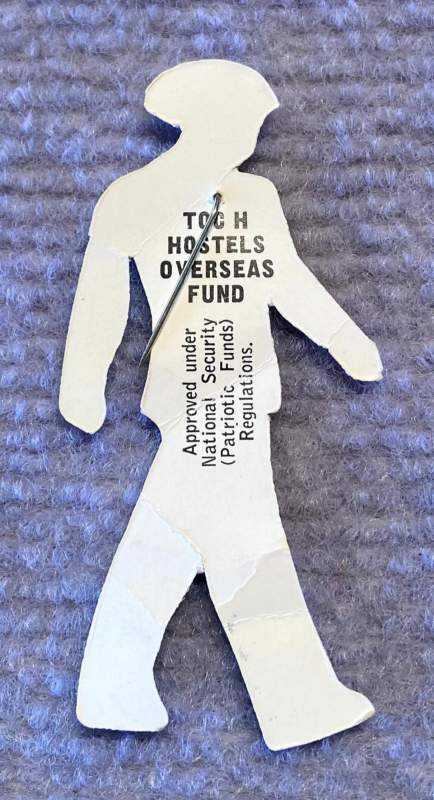 Reverse of Toc H Hostels Overseas Fund paper fundraising pin - Australian soldier