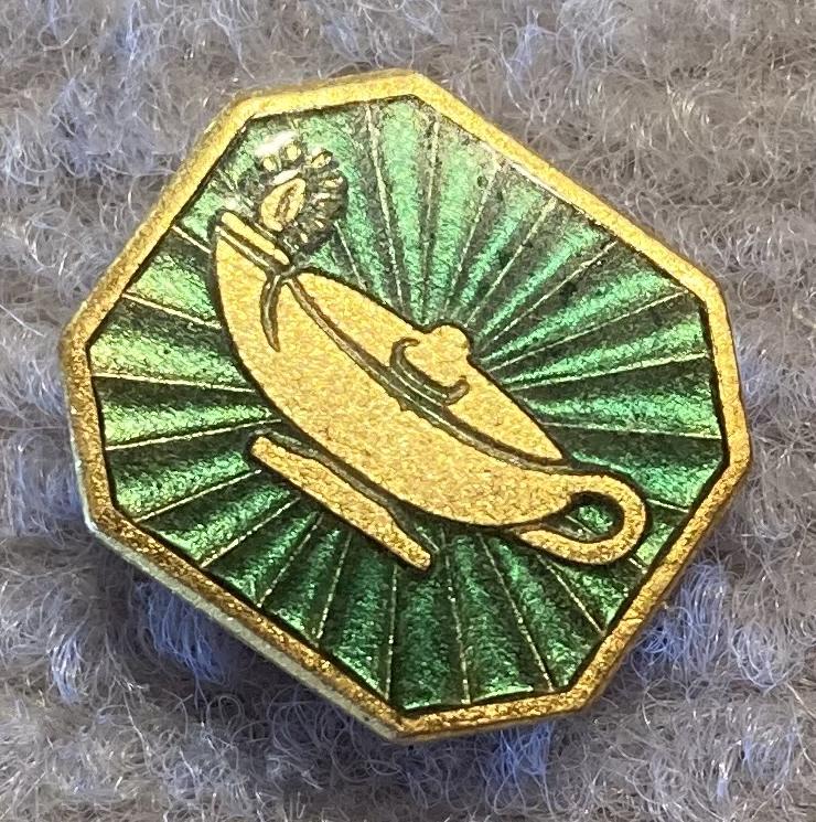 Other angled view of Scripture Union gold tone metal and enamel fundraising brooch