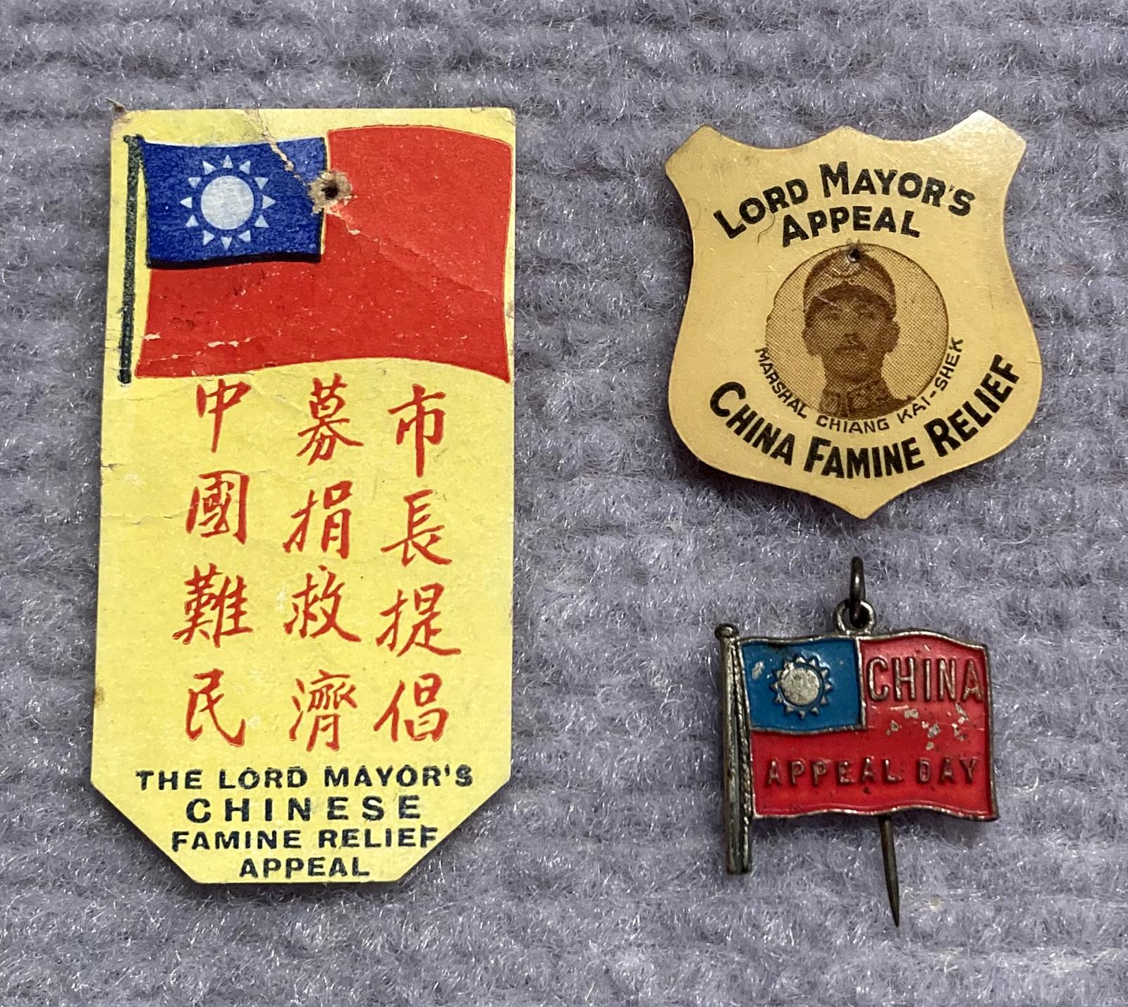 Group of 'The Lord Mayor's Chinese Famine Relief Appeal' fundraising paper, celluloid and metal pins