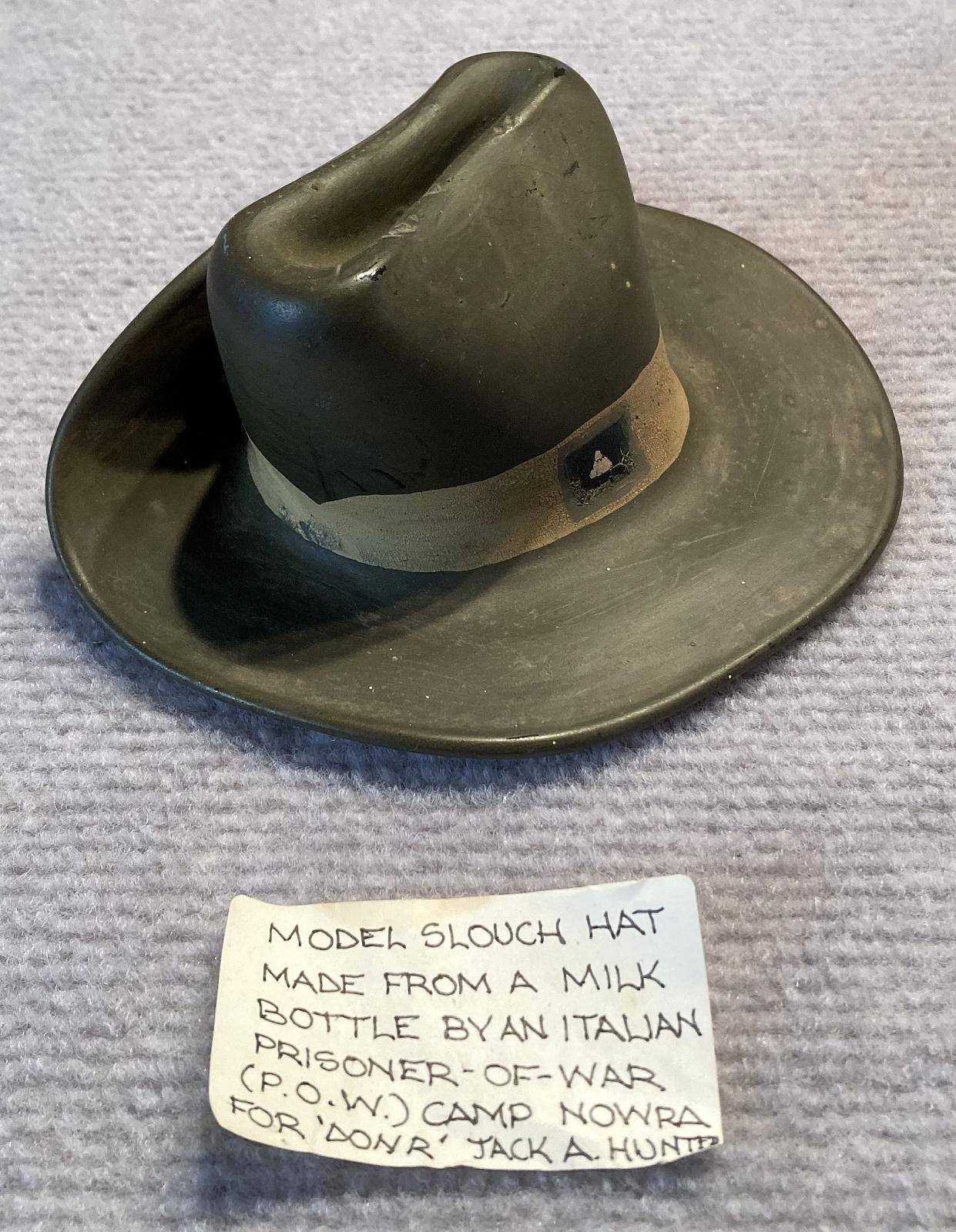 Oblique view of slouch hat with sticker
