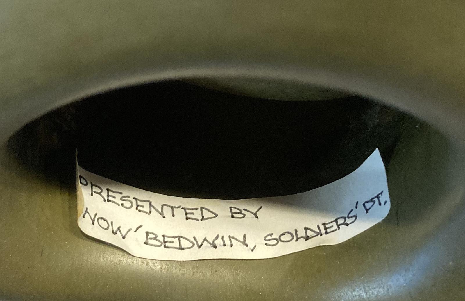 Sticker inside slouch hat made from melted milk bottle by Italian POW - Cowra