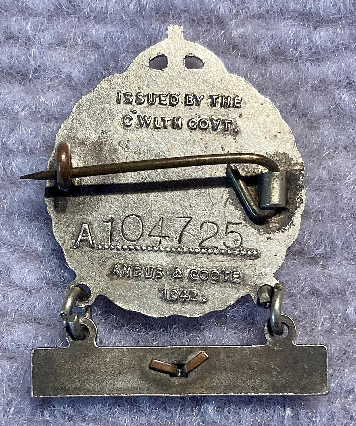 Reverse of WWII Female Relative's Badge issued to Amy Elizabeth Butterly
