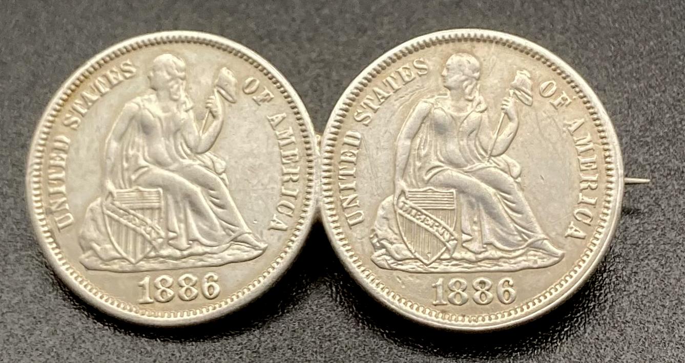 Sweetheart brooch made from two American dimes - 1886