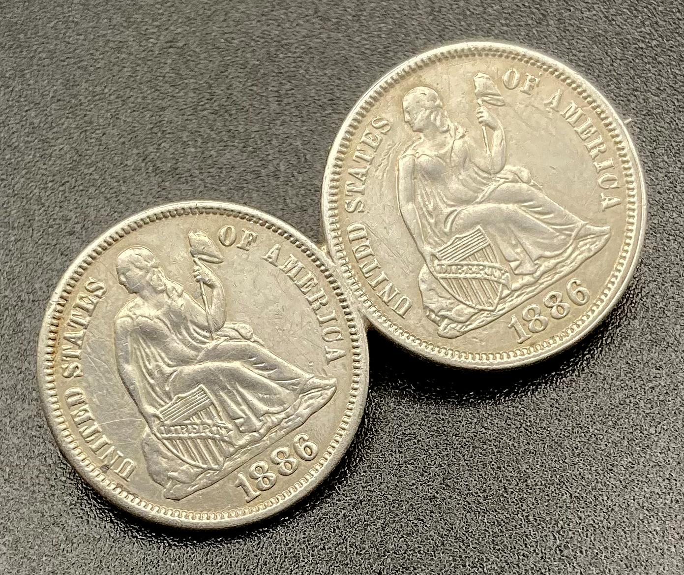 Angled view of sweetheart brooch made from two American dimes - 1886