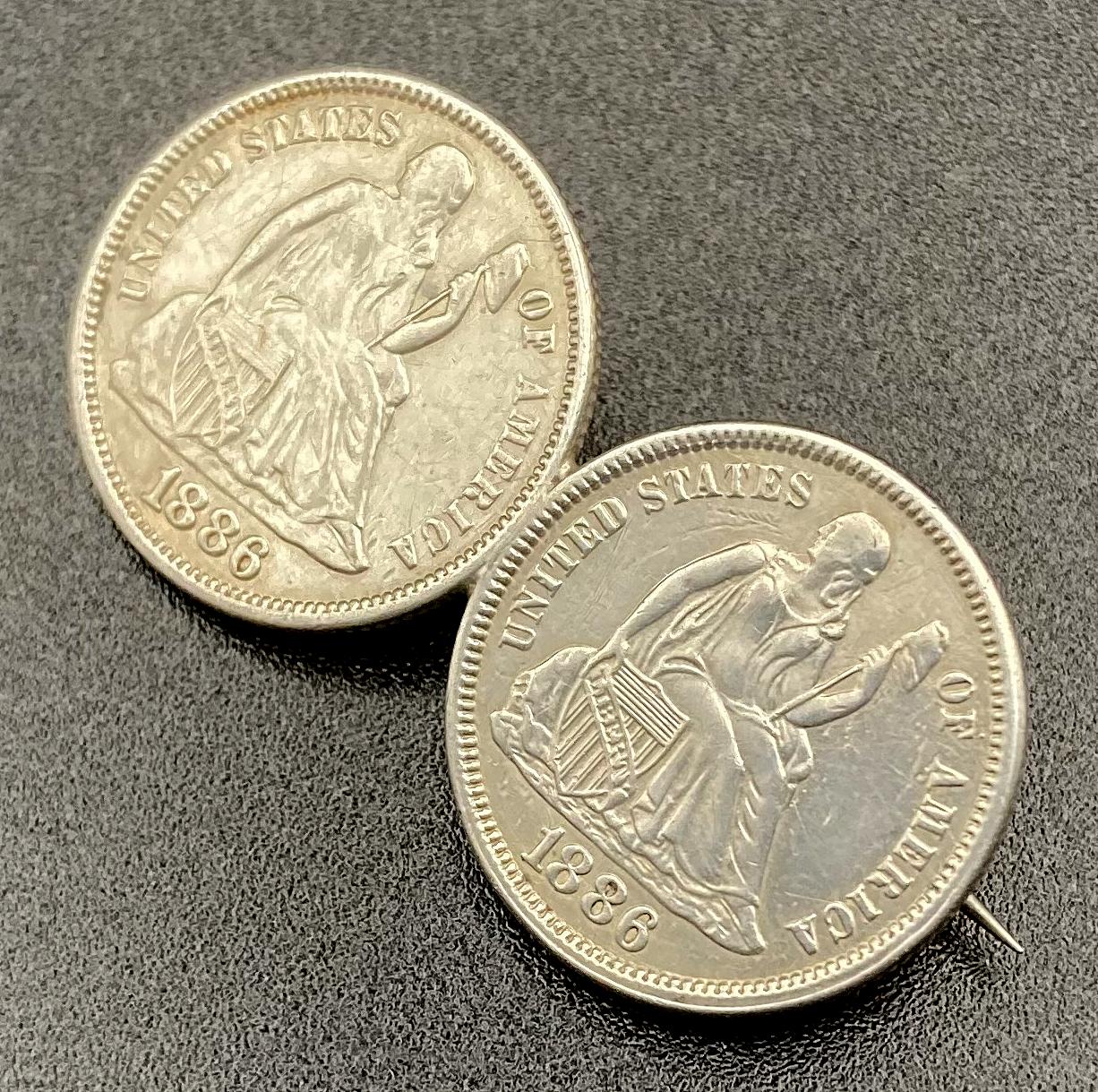 Other angled view of sweetheart brooch made from two American dimes - 1886