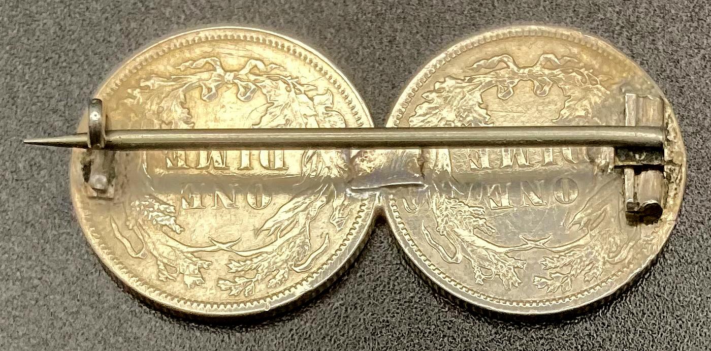 Reverse of sweetheart brooch made from two American dimes - 1886 - clasp closed