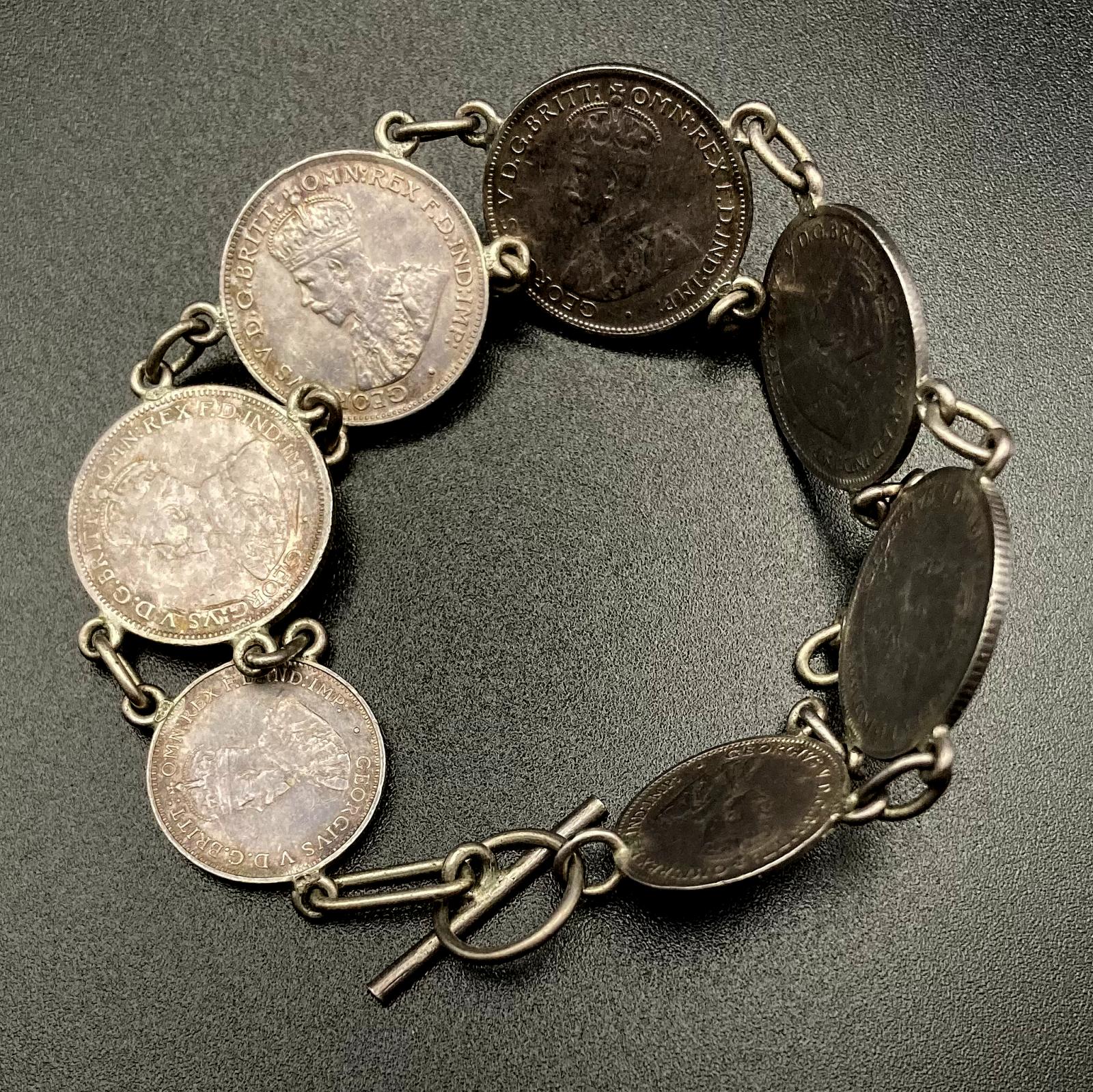 Trench art coin bracelet made from sixpences and threepences with clasp closed