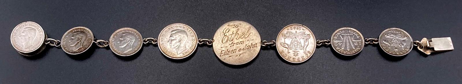 WWII era trench art coin bracelet given to Ethel by Eileen and John