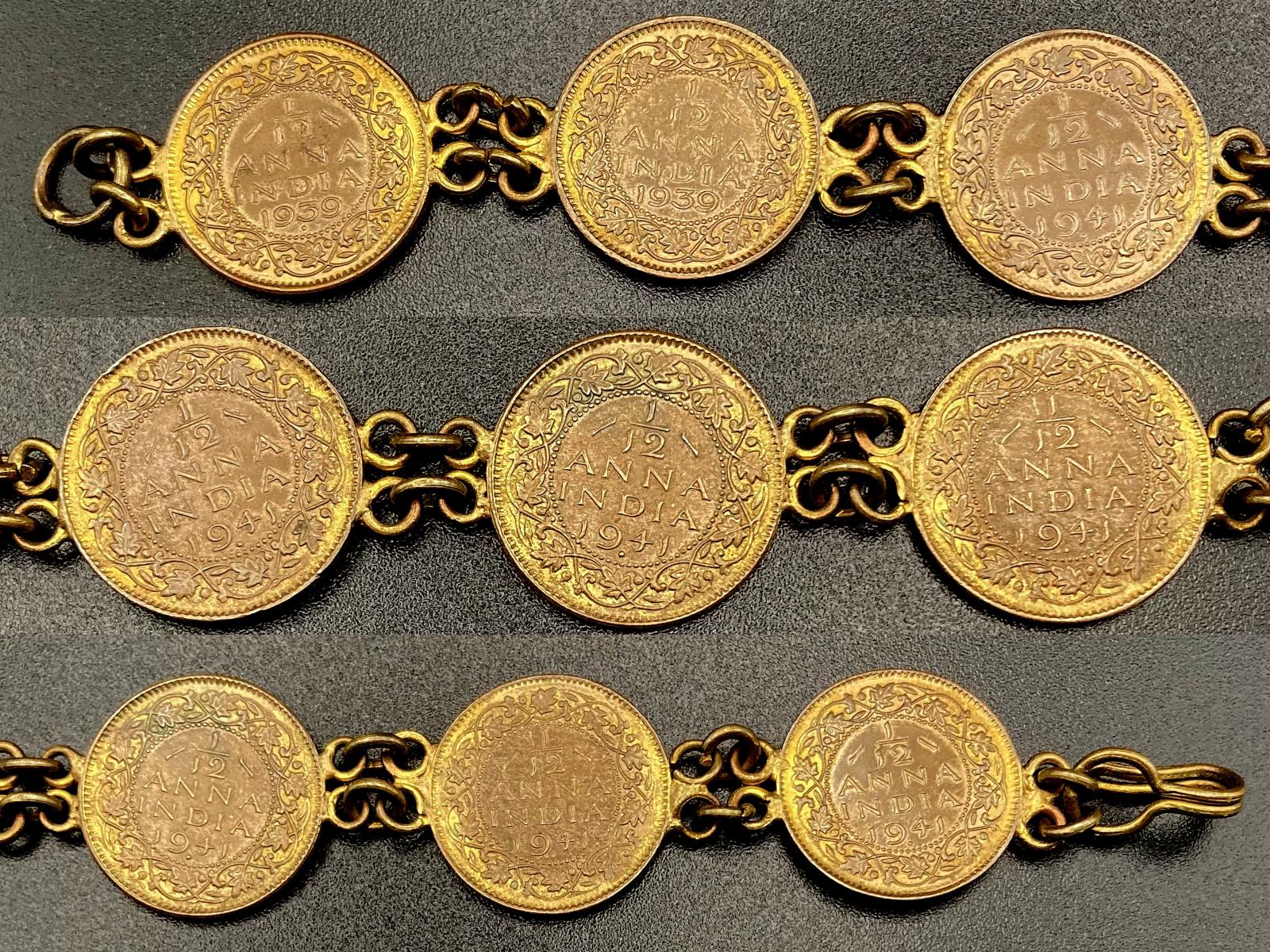 Collage of close up sections of reverse of WWII era trench art bracelet made from Indian 1/2 Anna coins