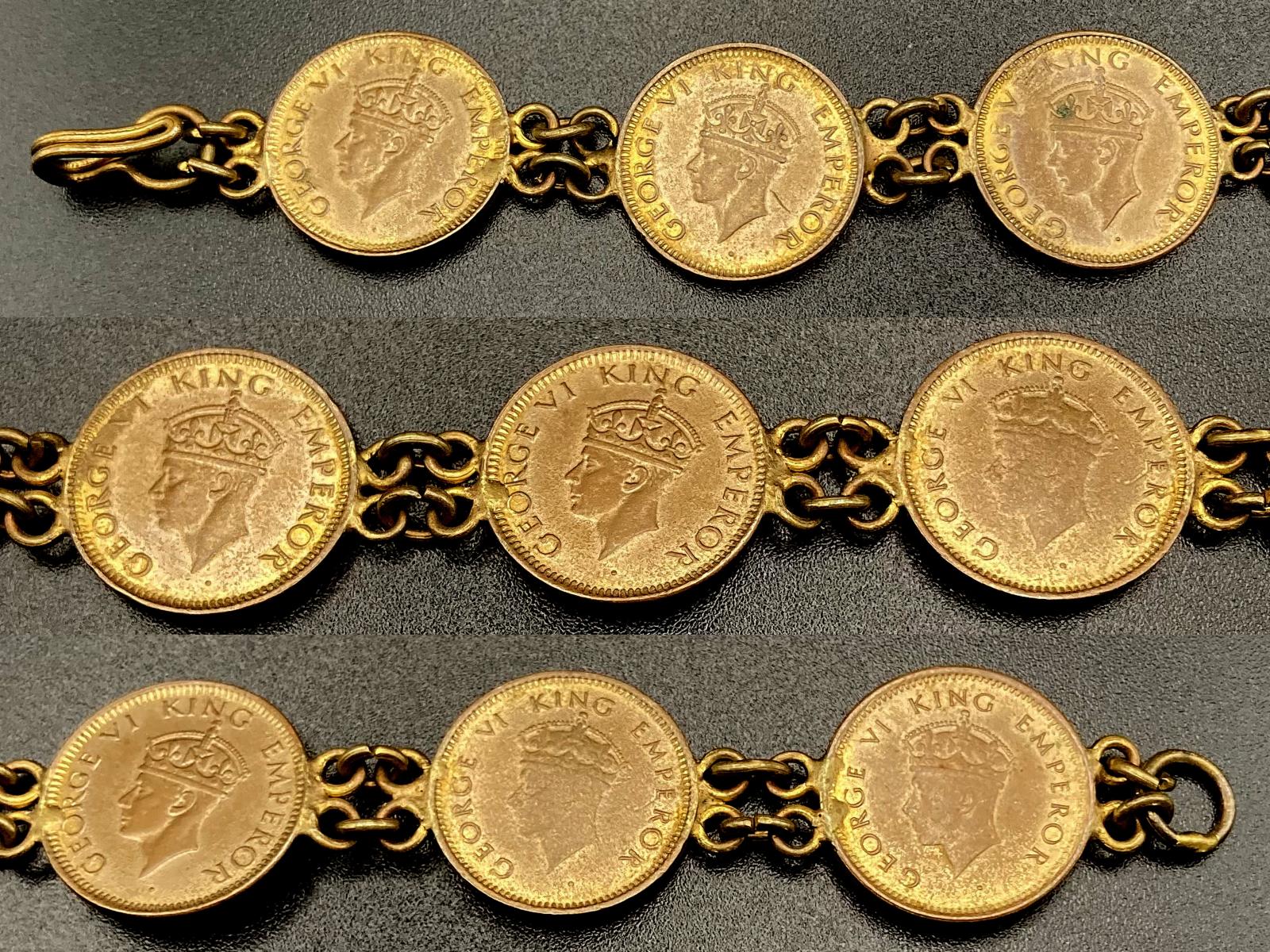 Collage of close up sections of WWII era trench art bracelet made from Indian 1/2 Anna coins
