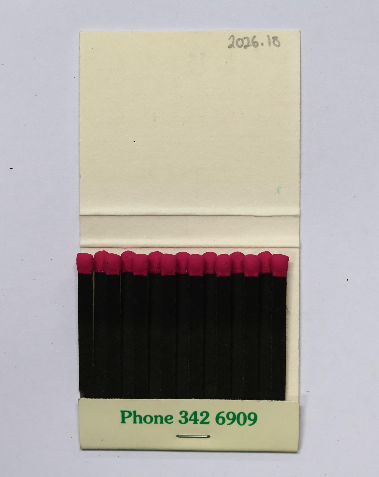 The inside has 15 black matchsticks with pink match heads.  