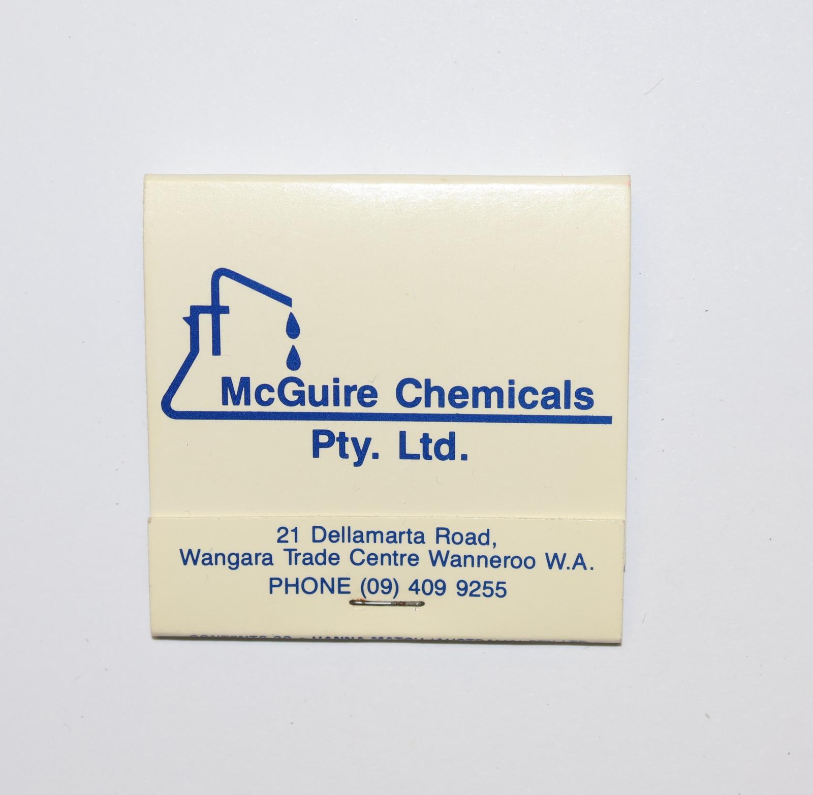 Square shaped matchbook, white background with blue text. The back of the matchbook has a brown igniting panel. The inside has 30 black matchsticks with white match heads. 