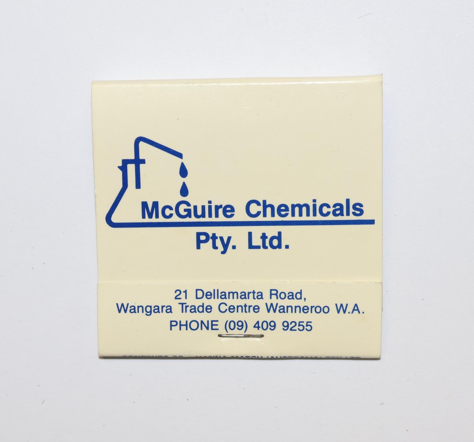 Square shaped matchbook, white background with blue text. The back of the matchbook has a brown igniting panel. The inside has 30 black matchsticks with white match heads.  