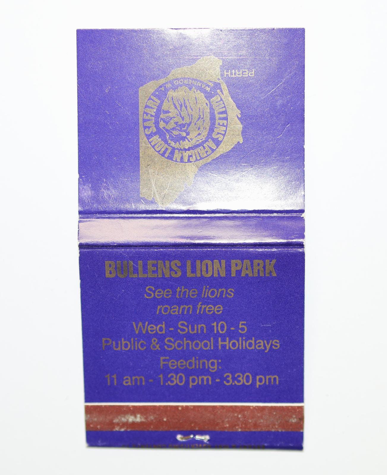 Square shaped matchbook, blue background with gold image and text. The back of the matchbook has a brown igniting panel.