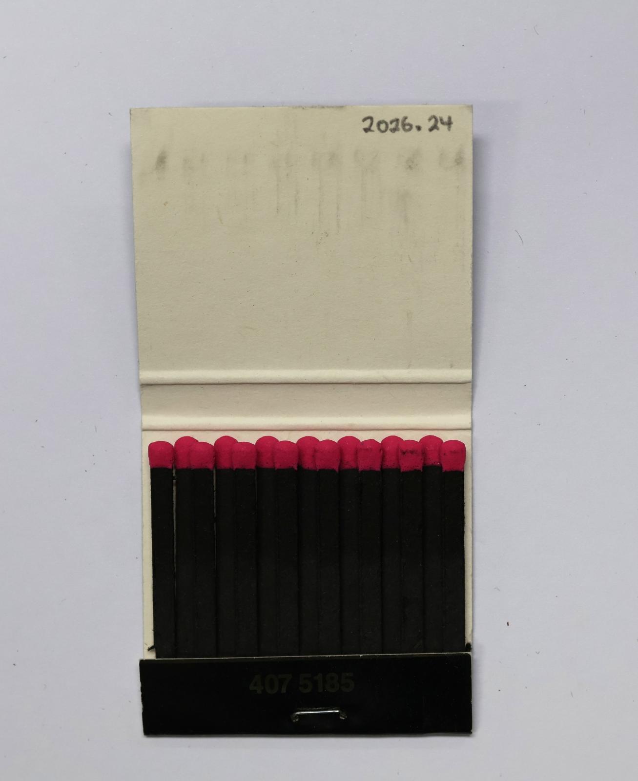 The inside has 15 black matchsticks with pink match heads.  