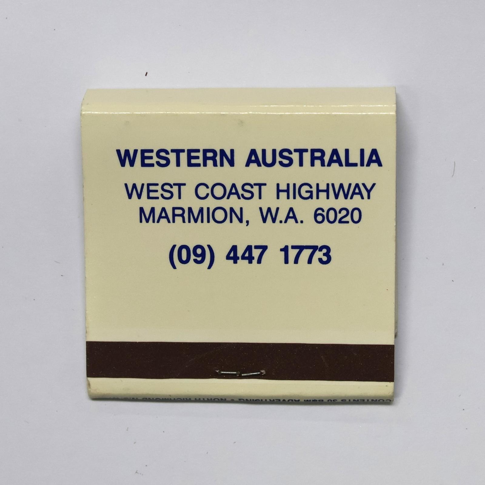Square shaped matchbook with white background and blue text.  