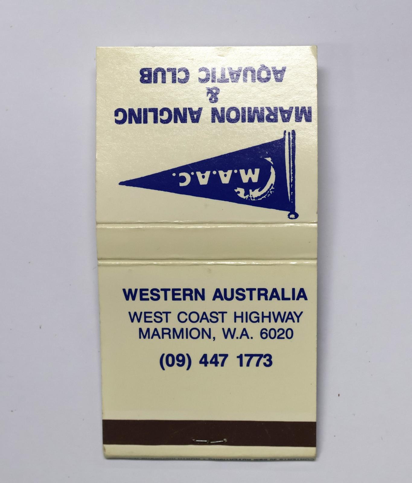 Square shaped matchbook with white background and blue text.  The back of the matchbook has a brown igniting panel.