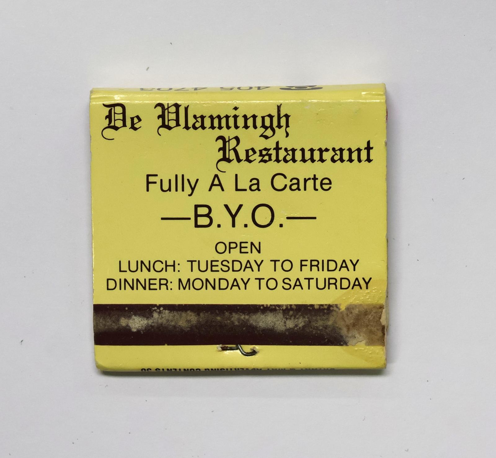 Square shaped matchbook with cream coloured background and brown text and images.  The back of the matchbook has a brown igniting panel which has been used and has marks across the panel.