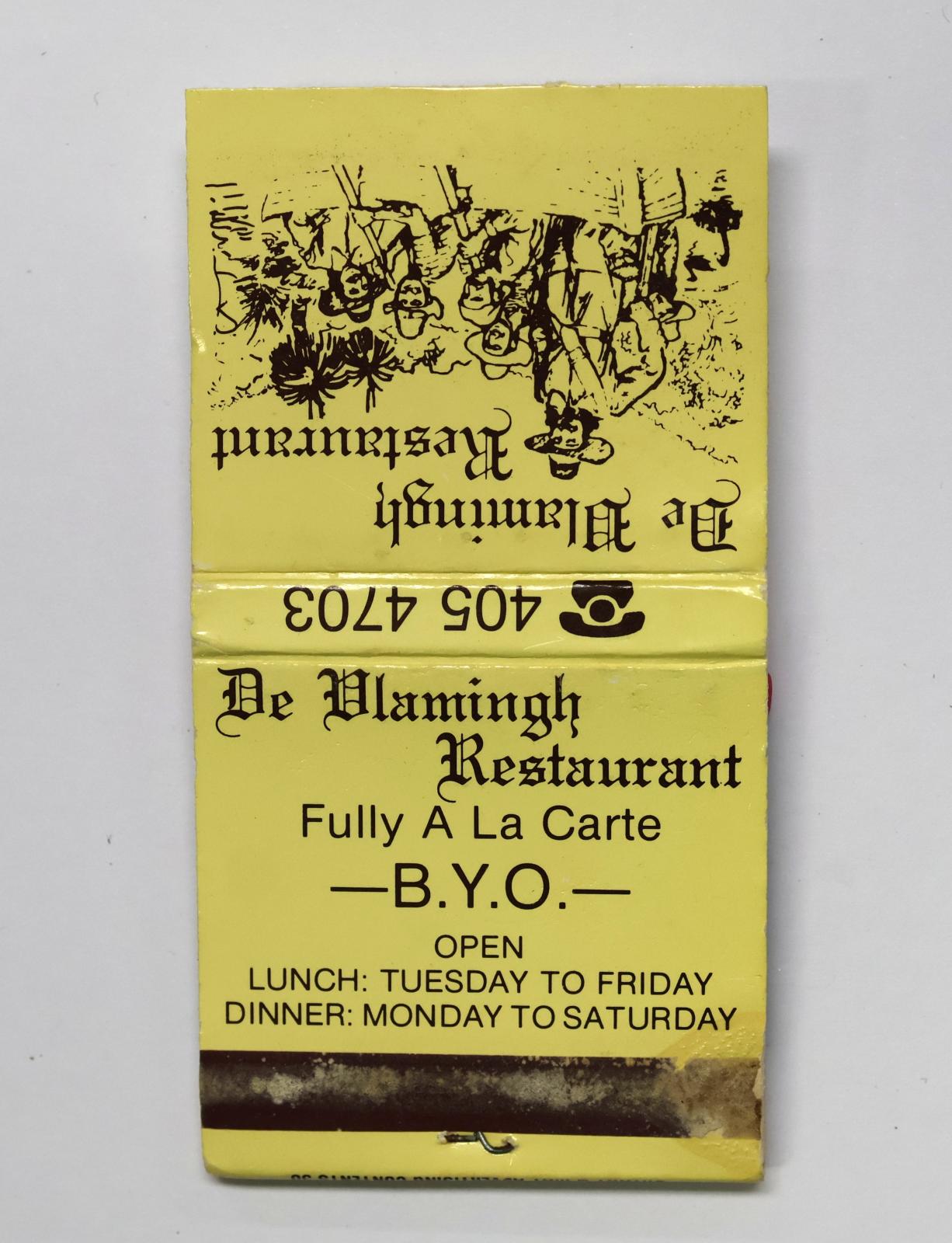 Square shaped matchbook with cream coloured background and brown text and images.  The back of the matchbook has a brown igniting panel which has been used and has marks across the panel. 