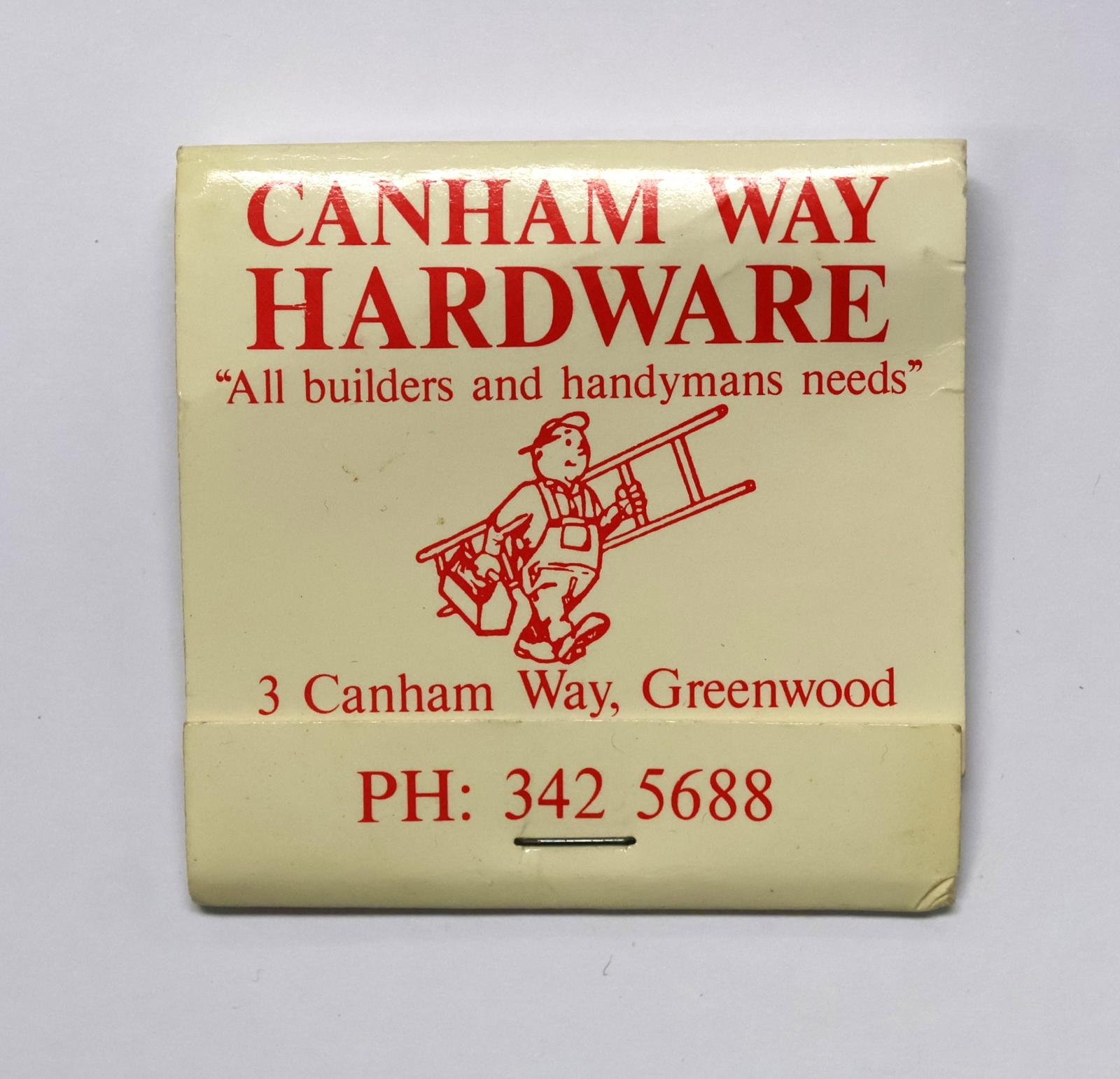 Square shaped matchbook with white coloured background and red text and image.  