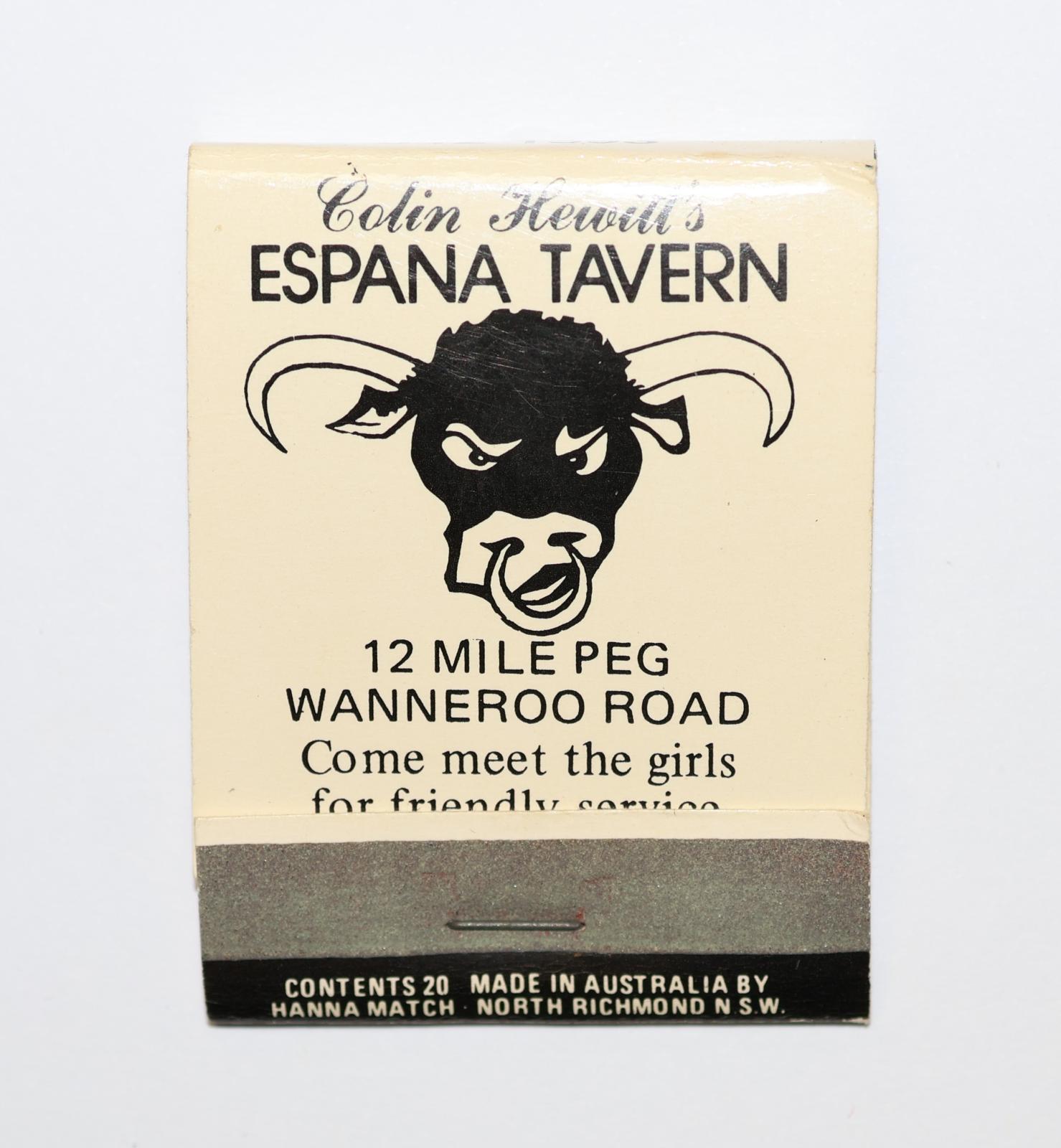 Rectangular shaped matchbook with white background and black text and image. 