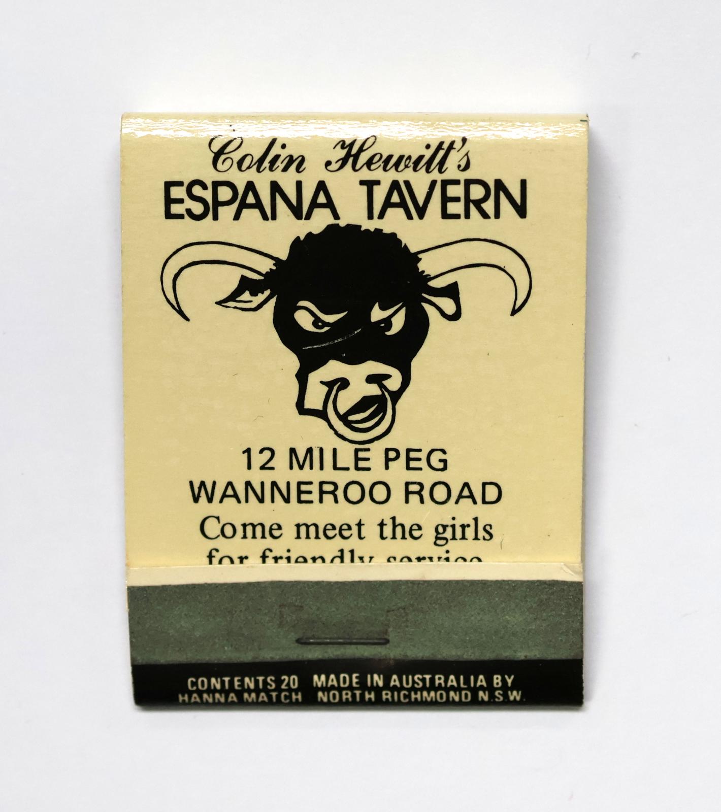 Rectangular shaped matchbook with white background and black text and image. The front of the matchbook has a grey igniting panel. 