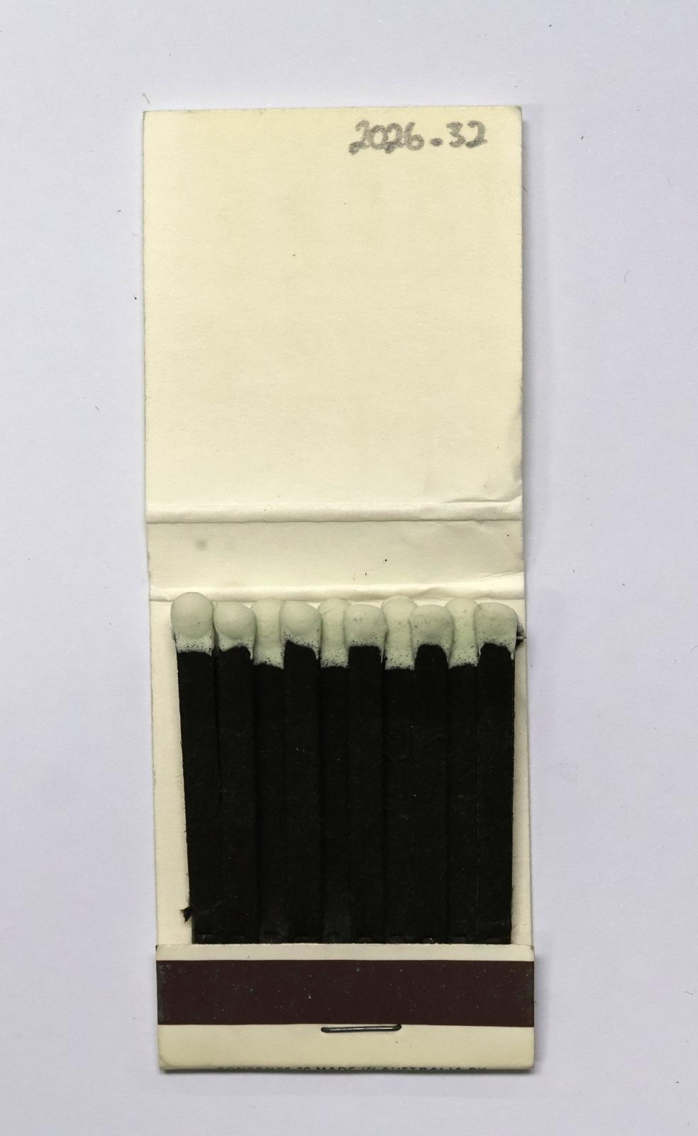 The inside has 20 black matchsticks with white match heads.