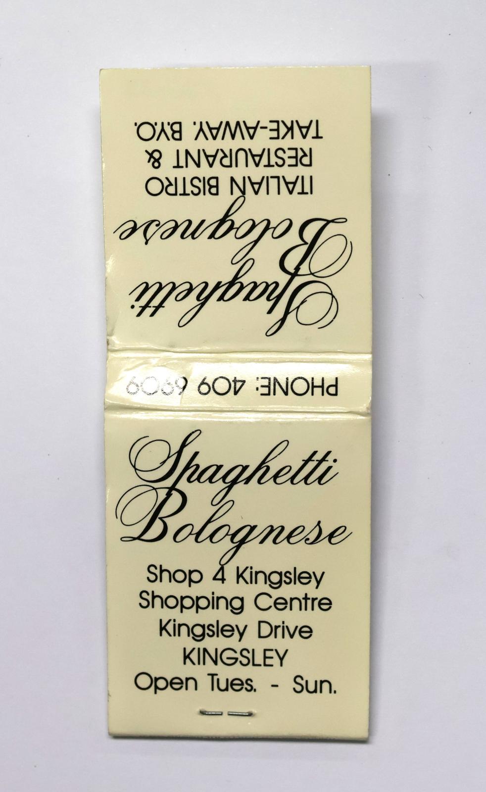 Rectangular shaped matchbook with white background and black text.  The front of the matchbook has a brown igniting panel. 