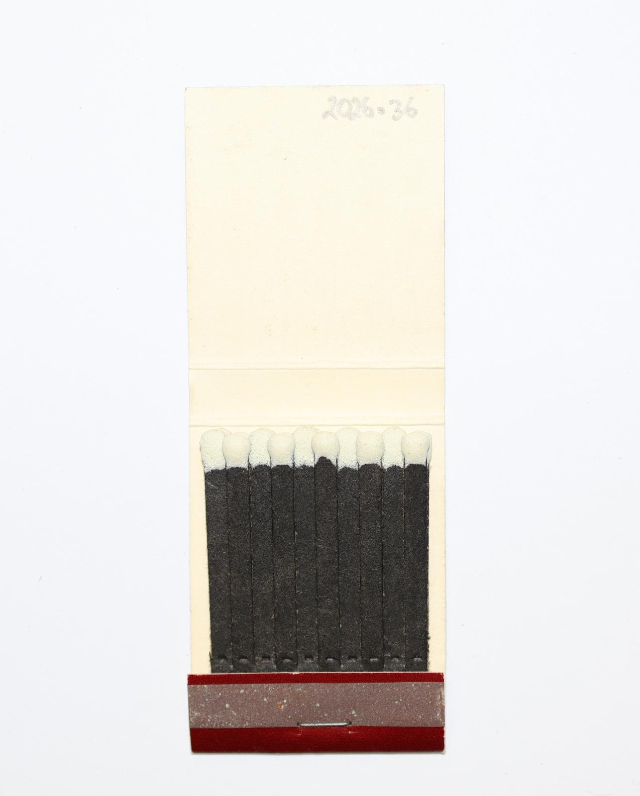 The inside has 20 black matchsticks with white match heads