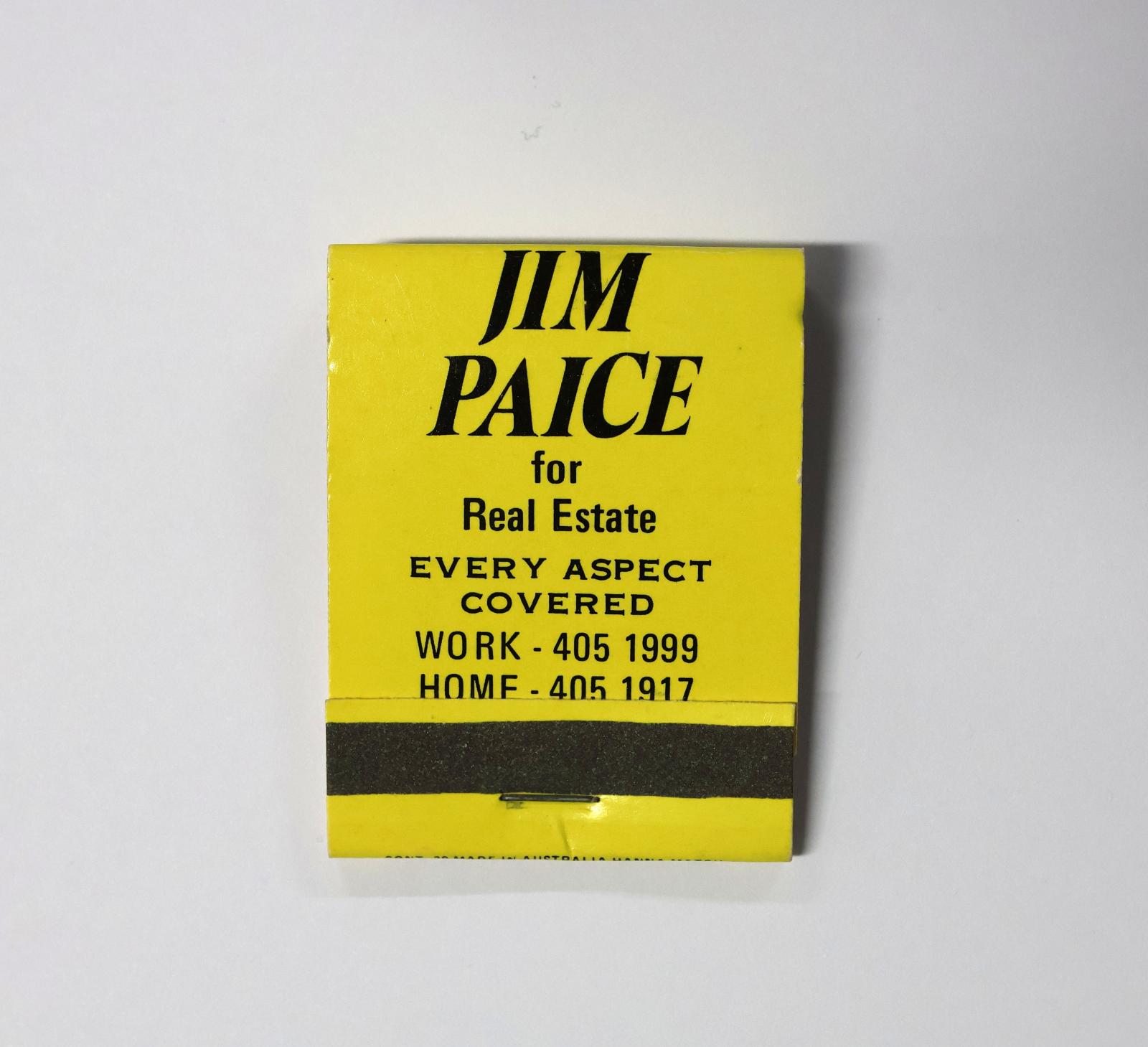 Rectangular shaped matchbook with yellow background and black text.  The front of the matchbook has a grey igniting panel. 
