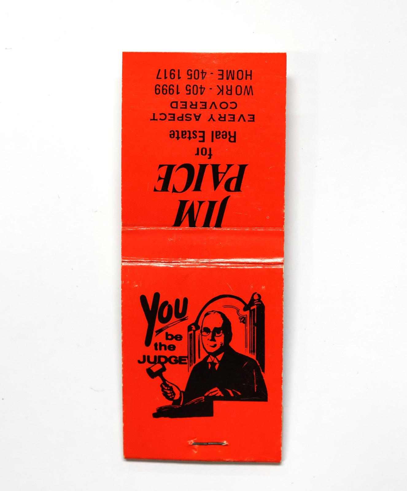Rectangular shaped matchbook with orange background and black text.  The front of the matchbook has a grey igniting panel. The back of the matchbook has an image of a judge with a gavel. 
