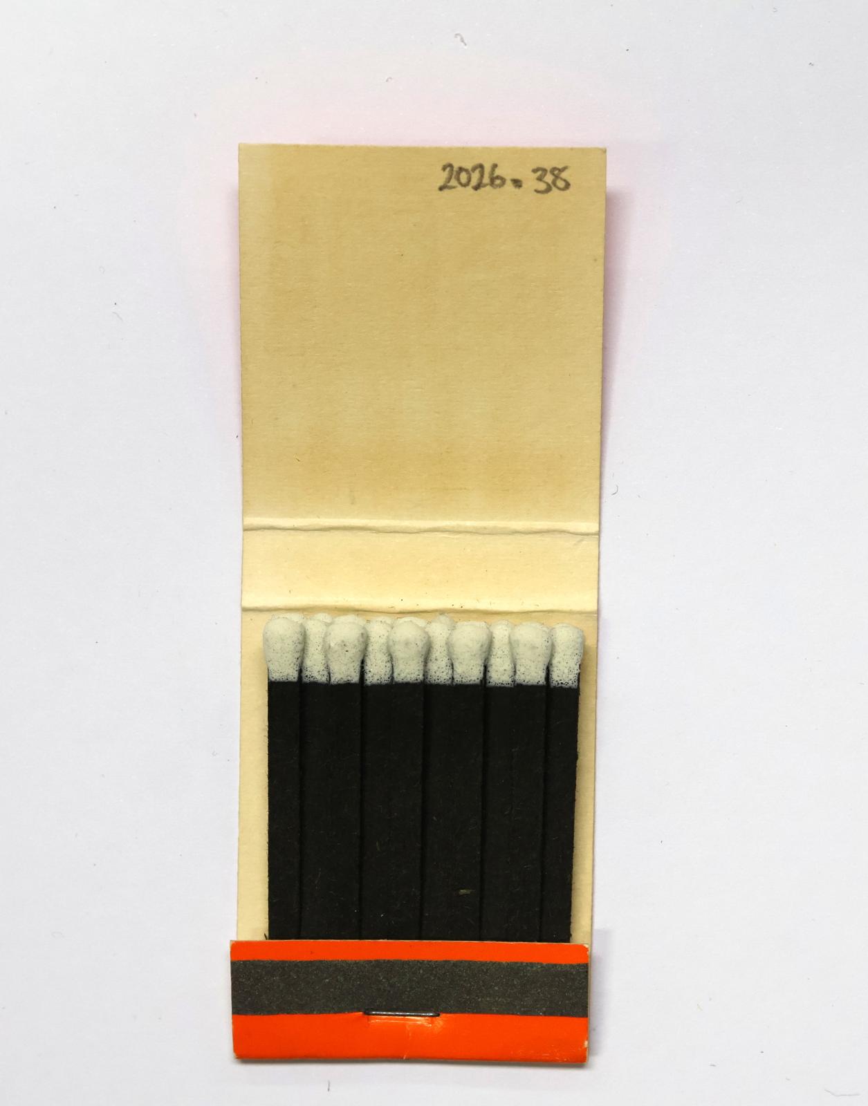 The inside has 20 black matchsticks with white match heads.