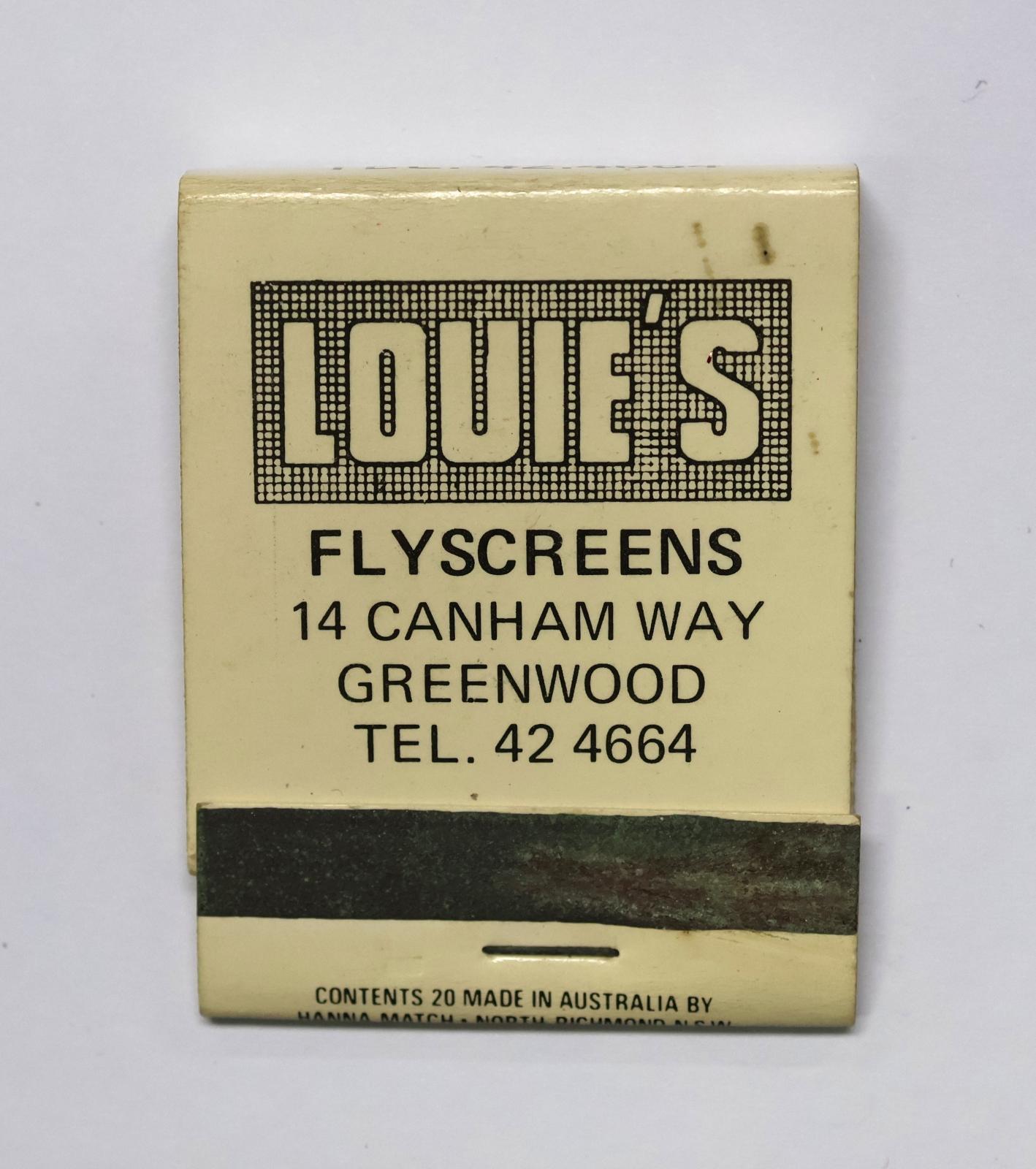 Rectangular shaped matchbook with white background and black text. The front of the matchbook has a grey igniting panel. The inside has 11 brown matchsticks with white match heads.