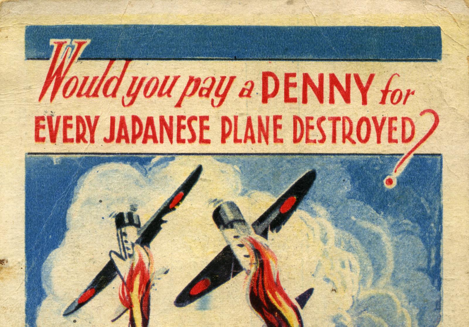 WWII era 'Penny-a-plane' fundraising card with stamps - close up of upper cover