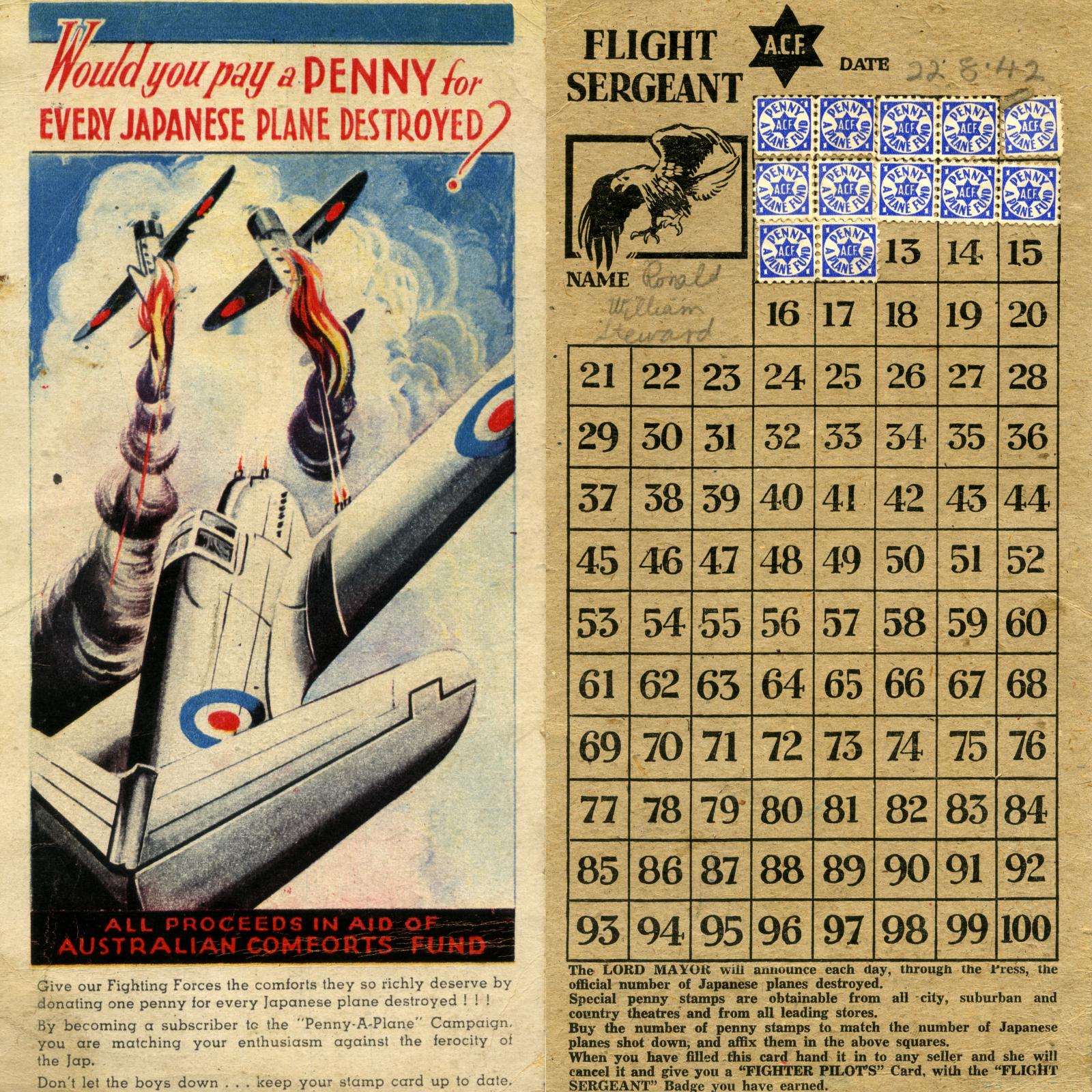 Collage of both sides of WWII era 'Penny-a-plane' fundraising card with stamps 