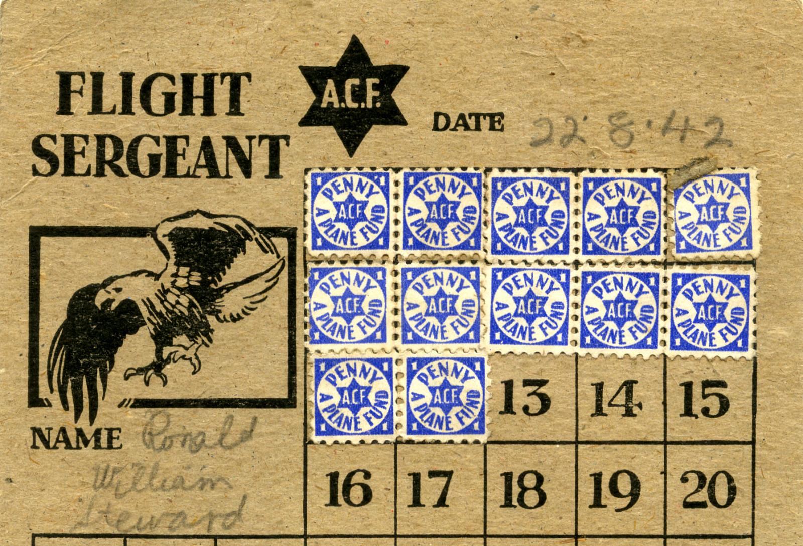 WWII era 'Penny-a-plane' fundraising card with stamps - close up of stamps