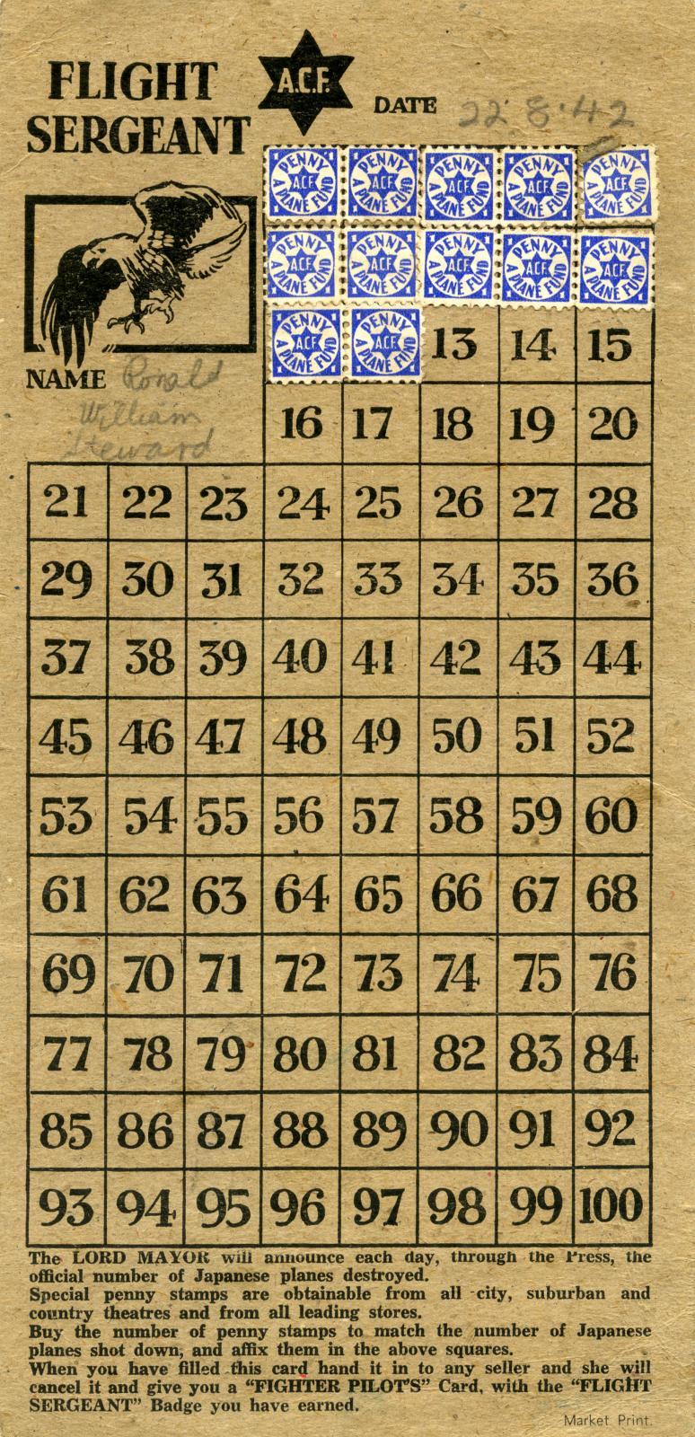 WWII era 'Penny-a-plane' fundraising card with stamps - reverse showing stamps