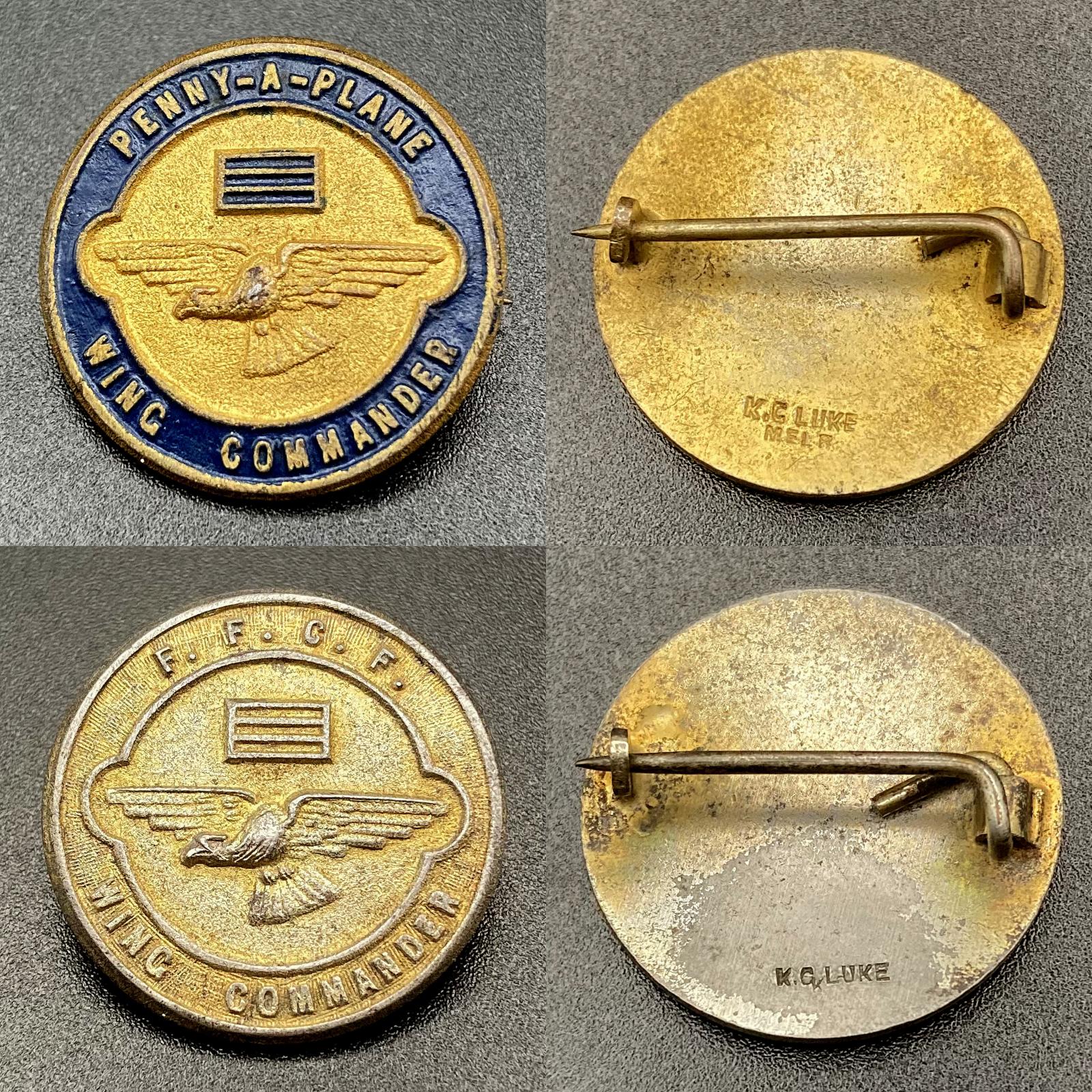 Collage of both sides of WWII era 'Penny-a-plane' fundraising reward badges