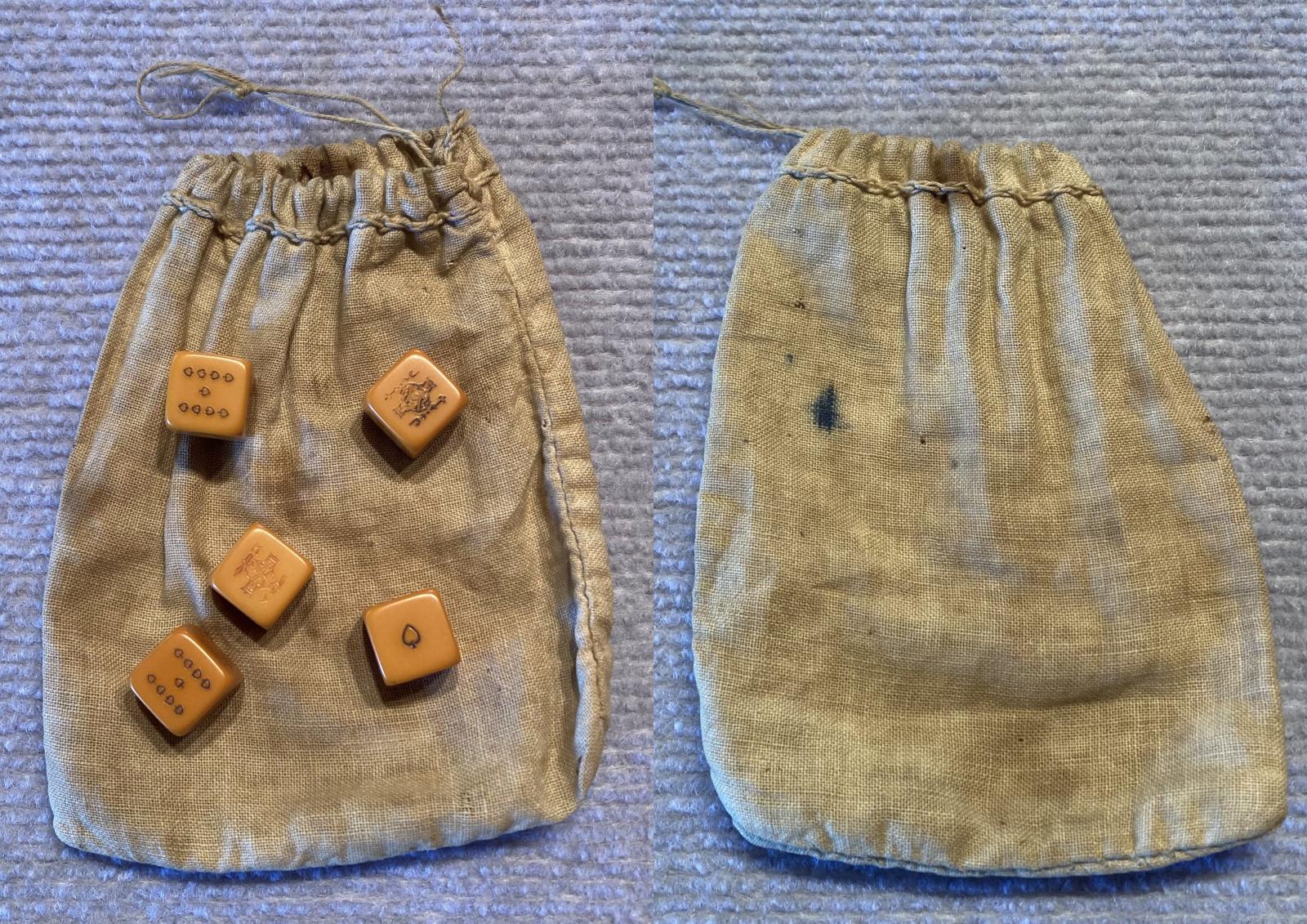 WWI era poker dice set collage showing front and back of storage bag