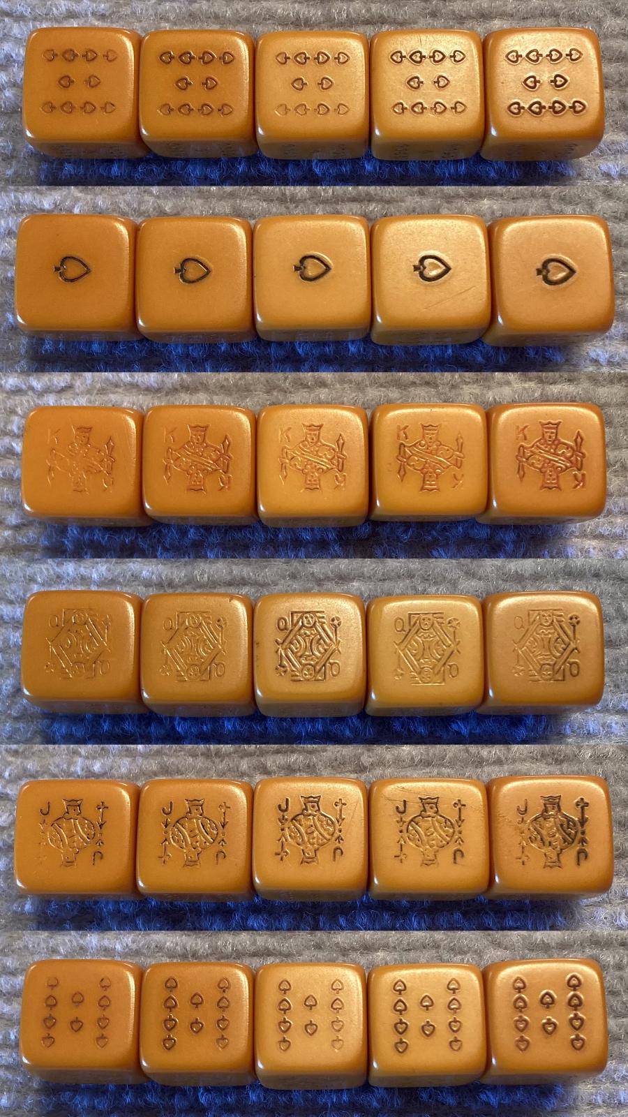 WWI era poker dice set collage showing the six faces of each die