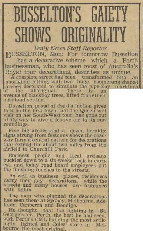 banner article from 1954 Busselton Queen visit