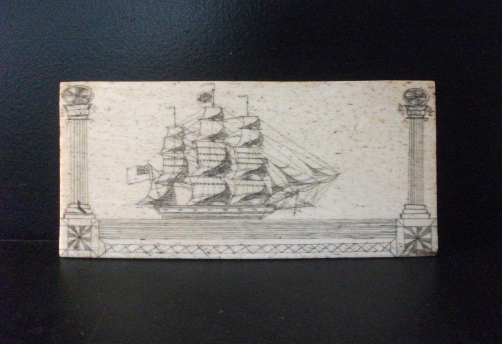 Scrimshaw whale bone, flat, with image of historic sailing ship.