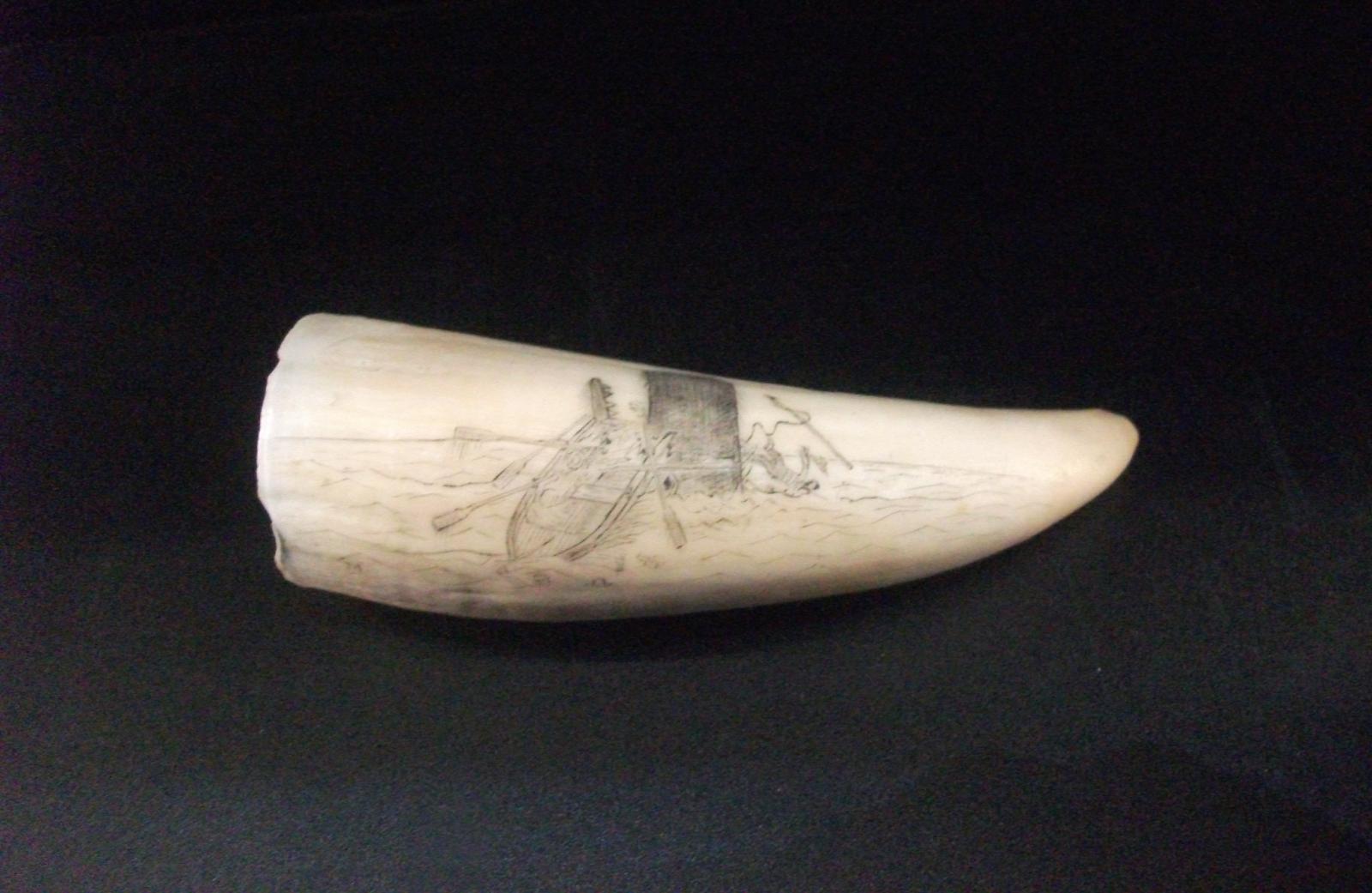 Scrimshawed whale tooth depicting whale breaching next to whaleboat.