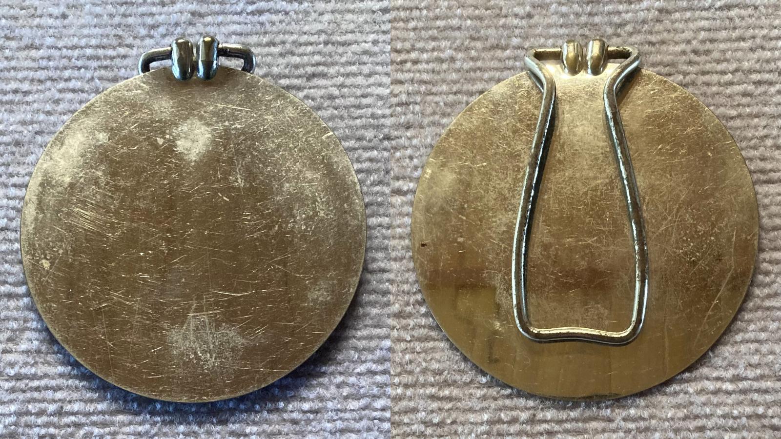 Collage showing front and back of WWI shaving mirror 